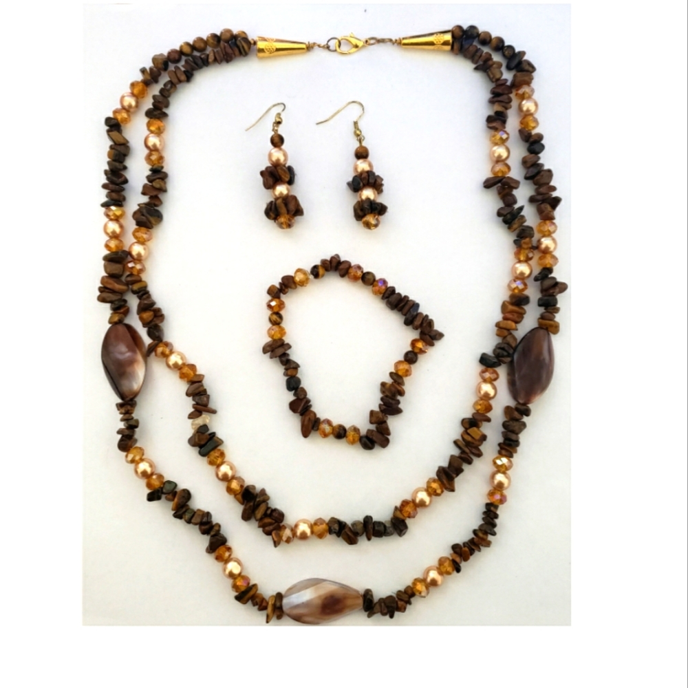 Fashion Jewelry Necklace Bracelet Earrings Set Tigers Eyes Marbled Beaded Brown